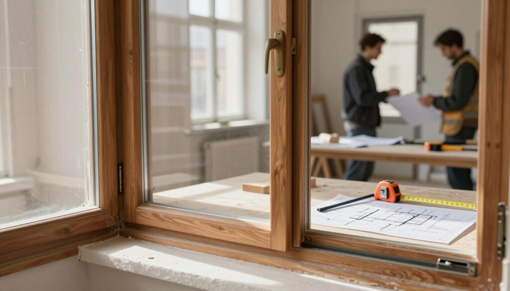 A close-up view of a modern, partially renovated window in an old building, showcasing elements of an "Altbausanierung" project. In the foreground, focus on the intricately detailed wooden frame of the window, contrasting with sections of new materials being installed. The middle ground features tools like a measuring tape and a set of architectural plans on a worktable, symbolizing the renovation process. In the background, blurred workers wearing professional attire are discussing plans for additional window installations. Soft, natural sunlight filters through the window, casting warm shadows on the interior space, creating a productive and optimistic atmosphere that reflects the investment in urban renewal and restoration costs.