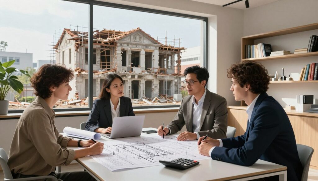 A detailed illustration showcasing the financial aspects of historical building renovation, presented in a modern office space. In the foreground, a diverse group of professionals—two men and two women—discussing renovation plans around a sleek table, equipped with blueprints, calculators, and laptops. The middle ground features a large window showcasing a partially renovated historic building outside, highlighting the contrast between old architecture and modern design elements. Soft, natural light streams in, casting gentle shadows, enhancing the atmosphere of collaboration and innovation. In the background, shelves filled with architecture books and models add depth to the scene. The overall mood is professional and optimistic, reflecting the long-term cost benefits of renovation. Use a wide-angle lens to capture the entire setting with clarity. A detailed illustration showcasing the financial aspects of historical building renovation, presented in a modern office space. In the foreground, a diverse group of professionals—two men and two women—discussing renovation plans around a sleek table, equipped with blueprints, calculators, and laptops. The middle ground features a large window showcasing a partially renovated historic building outside, highlighting the contrast between old architecture and modern design elements. Soft, natural light streams in, casting gentle shadows, enhancing the atmosphere of collaboration and innovation. In the background, shelves filled with architecture books and models add depth to the scene. The overall mood is professional and optimistic, reflecting the long-term cost benefits of renovation. Use a wide-angle lens to capture the entire setting with clarity.