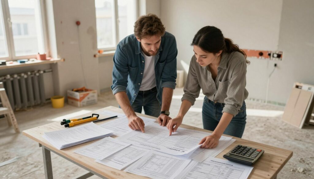 A detailed interior scene showcasing a renovation project of an old apartment, emphasizing the financial aspect of "Altbausanierung". In the foreground, a neatly arranged table piled with renovation invoices, blueprints, and a calculator. The middle ground features a professional dressed contractor discussing plans with a focused client, both looking at the plans intently. In the background, visible renovation work with half-finished walls, exposed wiring, and tools scattered around, illustrating the ongoing transformation. The lighting is warm and natural, streaming in through large windows, creating an inviting yet serious atmosphere. The angle is slightly elevated, providing a comprehensive view of the scene, capturing the essence of financial concerns in renovation projects while portraying a sense of urgency and meticulous planning.