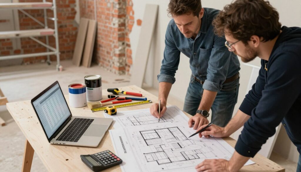 A detailed scene depicting a professional workshop for "Kosten Altbausanierung". In the foreground, a table covered with detailed architectural plans, calculators, and a laptop displaying budgeting software. A group of three people in smart casual attire discusses over the plans, looking engaged and focused. In the middle ground, tools of construction and renovation, like paint cans, brushes, and measuring tape, are neatly arranged, symbolizing the renovation process. The background features a partially renovated room with exposed brick walls, scaffolding, and soft, warm lighting that creates a productive, inviting atmosphere. The angle is a slightly elevated view, capturing both the discussion and the renovation work. The overall mood is one of collaboration and careful planning, intricately tied to budgeting and cost management for renovations. A detailed scene depicting a professional workshop for "Kosten Altbausanierung". In the foreground, a table covered with detailed architectural plans, calculators, and a laptop displaying budgeting software. A group of three people in smart casual attire discusses over the plans, looking engaged and focused. In the middle ground, tools of construction and renovation, like paint cans, brushes, and measuring tape, are neatly arranged, symbolizing the renovation process. The background features a partially renovated room with exposed brick walls, scaffolding, and soft, warm lighting that creates a productive, inviting atmosphere. The angle is a slightly elevated view, capturing both the discussion and the renovation work. The overall mood is one of collaboration and careful planning, intricately tied to budgeting and cost management for renovations.