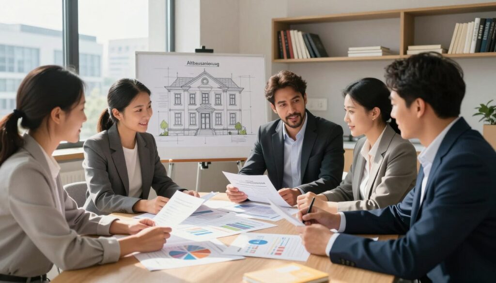A professional office setting showcasing financial consultation for home renovation. In the foreground, a diverse group of four individuals dressed in smart business attire is gathered around a large wooden table, reviewing colorful charts and documents detailing renovation costs. The middle ground features architectural sketches of a classic building in the background, symbolizing "Altbausanierung". Bright, natural light streams through large windows, casting soft shadows and enhancing the warm ambiance. The background includes shelves with books and a modern cityscape visible through the windows, suggesting an urban environment. The mood is collaborative and optimistic, reflecting the importance of financing options in home renovation projects, emphasizing professionalism and engagement.