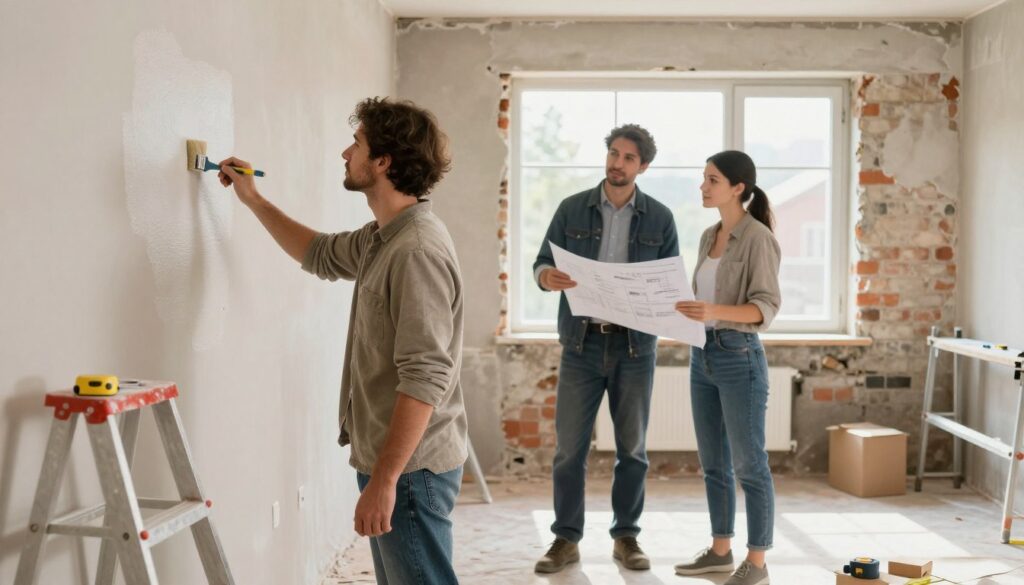 A split scene depicting the contrast between Do-It-Yourself (DIY) home renovation and professional contractor work. In the foreground, a focused individual in modest casual clothing is painting a textured wall, surrounded by tools like a paintbrush, ladder, and measurement tape, emphasizing the DIY aspect. In the middle ground, a professional contractor in business attire can be seen consulting over blueprints with a homeowner, showcasing a collaborative renovation process. The background features the partially renovated old building, displaying exposed brickwork and scaffolding, under natural daylight streaming in through clear windows. The atmosphere is constructive and insightful, highlighting the financial considerations involved in home restoration, with a warm, inviting color palette suggesting the transformation of the space. Soft shadows add depth, creating a professional yet approachable mood. A split scene depicting the contrast between Do-It-Yourself (DIY) home renovation and professional contractor work. In the foreground, a focused individual in modest casual clothing is painting a textured wall, surrounded by tools like a paintbrush, ladder, and measurement tape, emphasizing the DIY aspect. In the middle ground, a professional contractor in business attire can be seen consulting over blueprints with a homeowner, showcasing a collaborative renovation process. The background features the partially renovated old building, displaying exposed brickwork and scaffolding, under natural daylight streaming in through clear windows. The atmosphere is constructive and insightful, highlighting the financial considerations involved in home restoration, with a warm, inviting color palette suggesting the transformation of the space. Soft shadows add depth, creating a professional yet approachable mood.