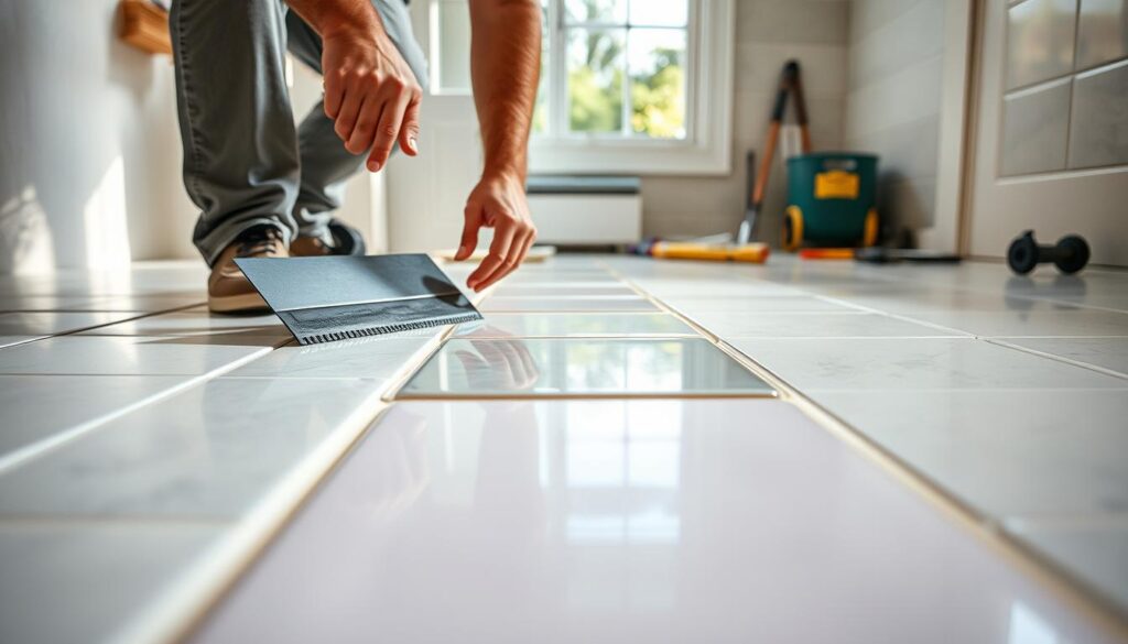 A close-up view of a professional-looking ceramic tile adhesive being applied to a clean, smooth surface during a bathroom renovation. In the foreground, a worker in modest casual clothing carefully spreads the adhesive with a notched trowel, showcasing the texture and consistency of the glue. The middle layer features several vibrant, glossy tiles waiting to be installed, with their reflective surfaces capturing ambient light. In the background, a softly lit bathroom setting with neutral-colored walls and tools scattered around creates a serene atmosphere of home improvement. The scene is well-lit with natural sunlight coming through a nearby window, enhancing the clarity and focus of the image.