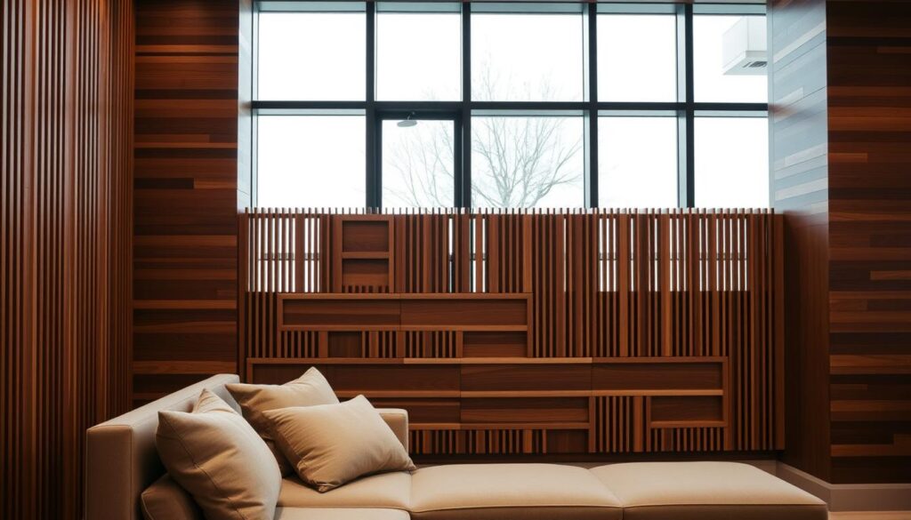 A modern interior space featuring elegant wood slat wall paneling, meticulously arranged in an aesthetically pleasing pattern. The slats vary in width and depth, showcasing the natural grain and rich color of the wood, with a soft sheen reflecting ambient light. In the foreground, a stylish minimalist sofa adorned with plush cushions invites relaxation. In the middle, the wood paneling adds warmth and sophistication to the room's overall design, emphasizing the craftsmanship. In the background, large windows allow natural light to flood the space, enhancing the earthy tones of the wood. The atmosphere is calming and conducive to thoughtful budgeting discussions, with a professional ambiance that conveys quality and refinement. The image should be captured with a wide-angle lens to encompass the entire setting.