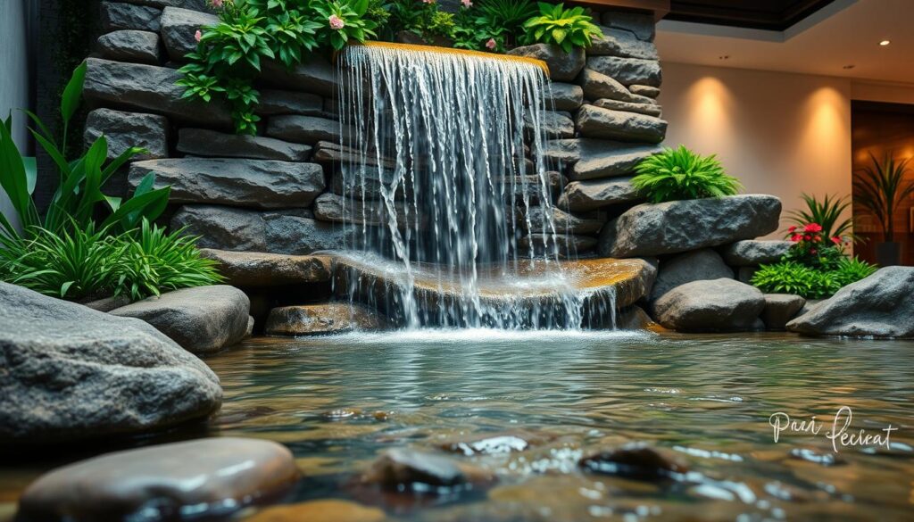 A serene and elegant indoor wall waterfall, cascading water seamlessly from a beautifully crafted stone structure, adorned with lush green plants and vibrant flowers. In the foreground, smooth rocks provide a natural setting, as trickles of water create gentle ripples. The middle section features the waterfall itself, glistening under soft, warm light that enhances the textures of the stones and the clarity of the water. In the background, a softly blurred wall adds depth, with ambient lighting creating a tranquil mood. The atmosphere is peaceful and rejuvenating, perfect for relaxation and mindfulness, showcasing the artistic beauty of a wall waterfall. The image does not include any text or watermarks.