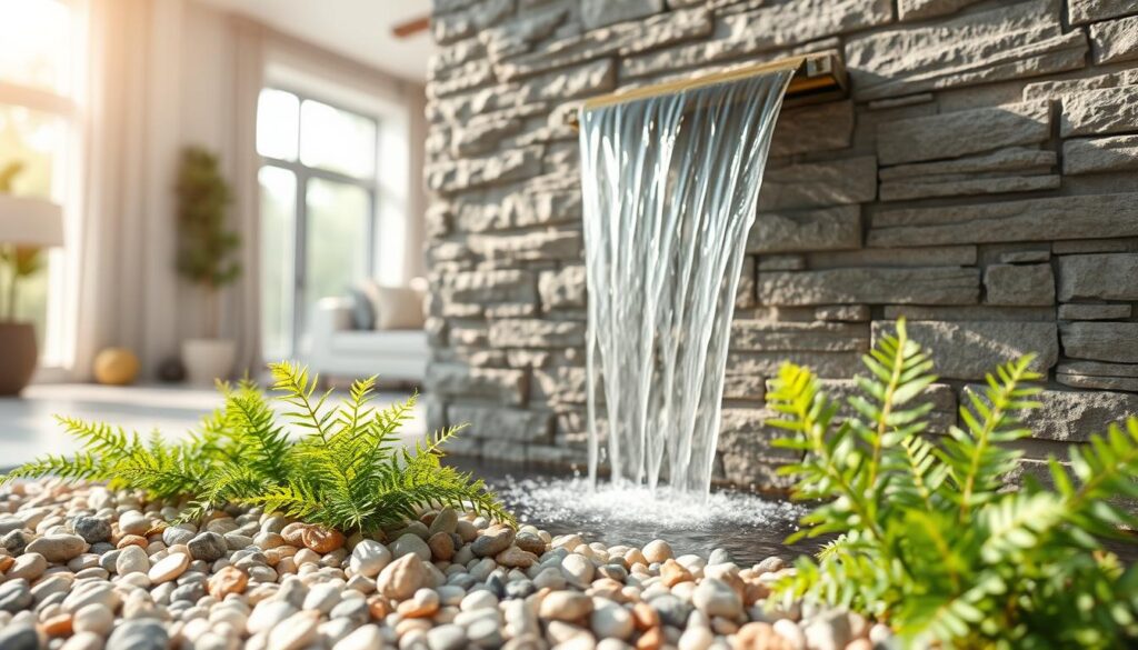A serene indoor scene showcasing a beautifully designed wall waterfall as the focal point. In the foreground, delicate pebbles and vibrant green ferns surround the base of the waterfall, emphasizing a natural ambiance. The middle features the flowing water cascading gracefully down a textured stone wall, with soft ripples reflecting light. In the background, a soft-focus view of a modern interior room is visible, adorned with minimalistic decor and warm lighting that creates a tranquil atmosphere. Sunlight filters in through large windows, casting gentle shadows and highlighting the water's movement. The overall mood is calming and inviting, perfect for illustrating concepts of cost and budgeting in home design.