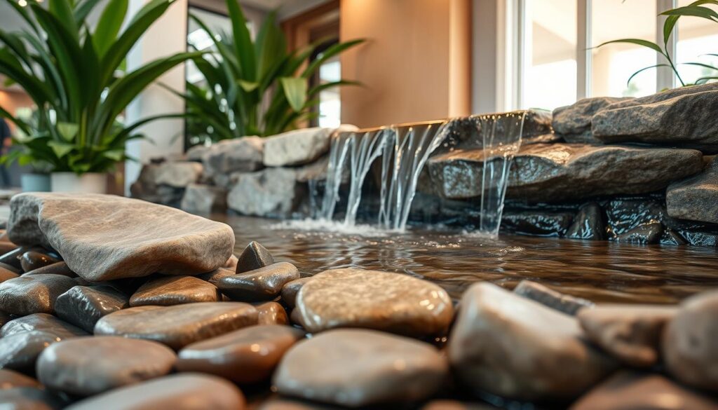 A serene indoor waterfall feature made of natural stone materials, integrated into a modern home environment. Foreground: Smooth, polished river stones arranged artfully at the base of the waterfall, glistening with moisture. Middle: The waterfall itself, cascading gently over rough-hewn granite, with water glistening in the soft light. The surface of the water reflects surrounding foliage. Background: Elegant green plants framing the waterfall, enhancing the tranquility of the scene. Lighting: Soft, warm ambient light filtering through large windows, casting gentle shadows. Angle: A slightly elevated perspective, capturing both the intricacies of the stone materials and the serenity of the flowing water. Mood: Calm and refreshing, evoking a sense of natural beauty and relaxation.