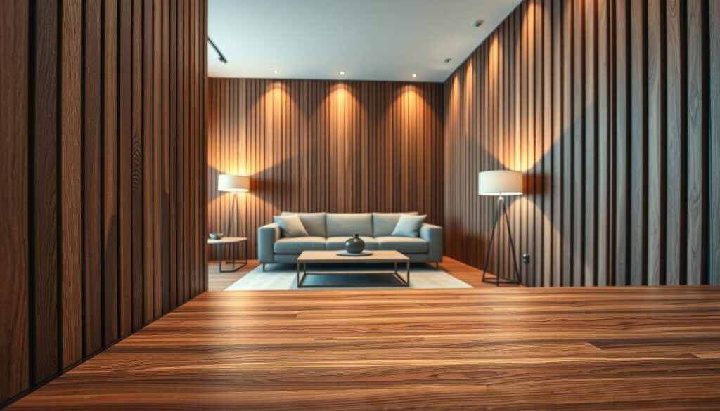 A stylish wooden slat wall installation in a modern living room, showcasing vertical wooden lamellas made from rich, polished hardwood. The foreground features a close-up of the seamless lamellas, where the grain details and natural color variations are highlighted. In the middle ground, the wooden slats create an inviting and sophisticated backdrop for contemporary furniture, like a sleek sofa and minimalist coffee table. The background displays warm ambient lighting from strategically placed lamps, casting soft shadows that enhance the texture of the wood. The overall atmosphere is calm and elegant, evoking a sense of comfort and luxury in the home. The scene is captured with a wide-angle lens to create depth, inviting viewers to envision themselves in this tranquil, stylish space.