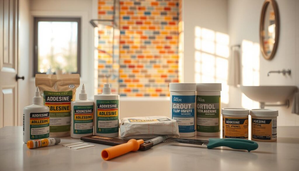 A well-lit workspace showcasing essential tiling materials for a bathroom renovation. In the foreground, prominently display a variety of tile adhesive, grout, and tools like trowels and a tile cutter, arranged neatly on a clean surface. In the middle, include a partially tiled wall with vibrant, modern tiles in a stylish pattern, demonstrating the current project. The background features a softly blurred image of a newly renovated bathroom with natural light streaming in, highlighting a fresh, inviting atmosphere. Use warm, neutral lighting to create a cozy mood, and opt for a slightly elevated angle to capture the details of the materials and the tiling process effectively.