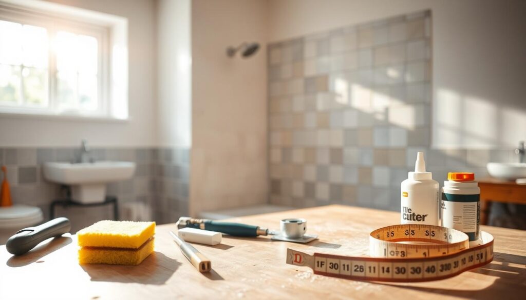 A well-organized workshop scene focused on tile preparation for a bathroom renovation. In the foreground, a neatly arranged workbench with various essential tools: a sponge, tile cutter, leveling compound, adhesive, and a roll of measuring tape. In the middle ground, a partially tiled wall showcasing clean, square tiles, some positioned at an angle as if being fitted. The background features a well-lit, spacious bathroom with safe lighting that highlights the tile textures and colors. Sunlight streams through a window, creating warm shadows and an inviting atmosphere. The overall mood conveys professionalism and readiness, emphasizing the meticulous process of preparing surfaces for tiling.