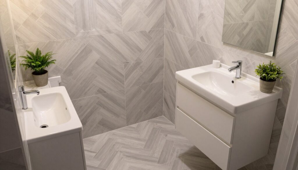Fischgräten Fliesen im kleinen Badezimmer