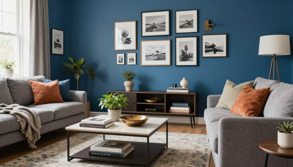 blaue wandgestaltung wohnzimmer