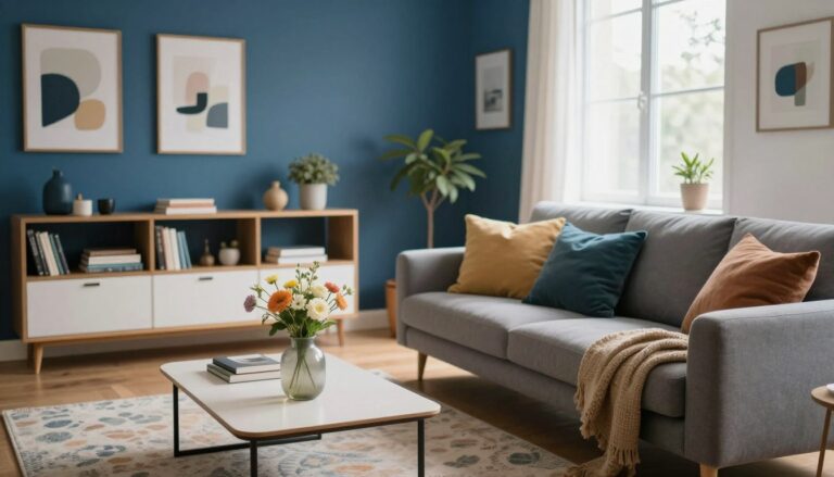 wohnzimmer blaue wand