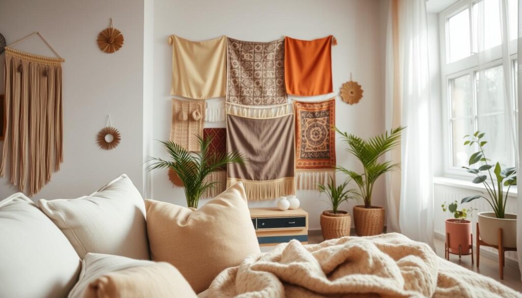 Schlafzimmer Wandgestaltung mit Textilien