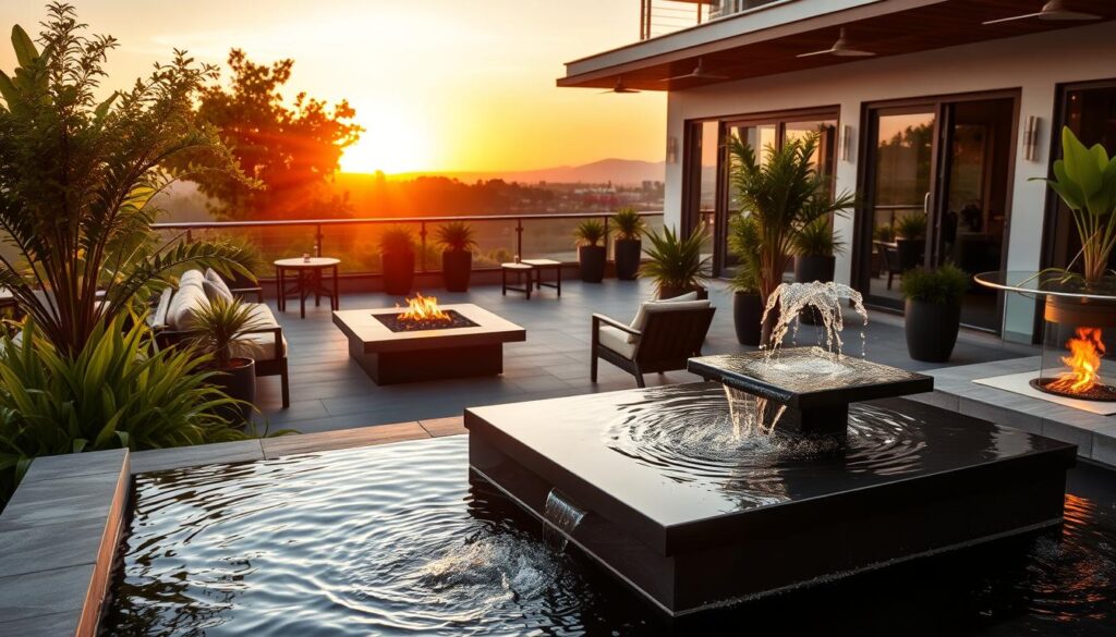 Terrassendesign Ideen mit Wasser- und Feuerelementen Terrassendesign Ideen mit Wasser- und Feuerelementen