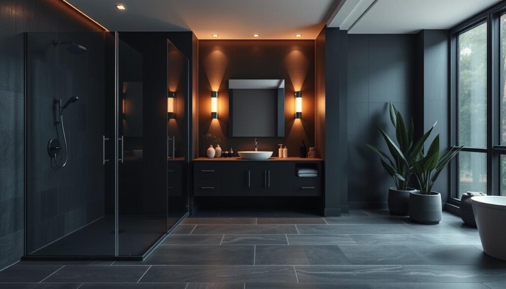 Barrierefreies Badezimmer mit dunklem Design