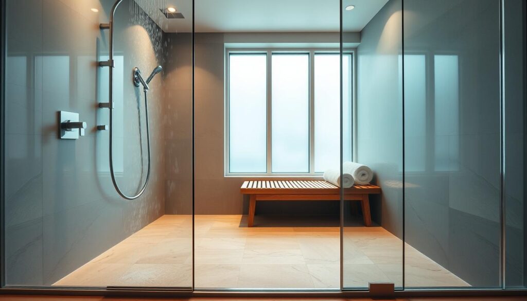 Moderne walk-in dusche mit stilvoller Ausstattung Moderne walk-in dusche mit stilvoller Ausstattung