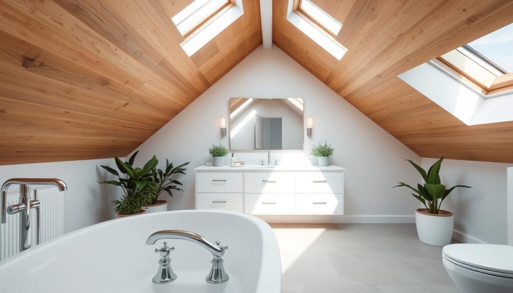 Modernes Badezimmer im Dachboden mit optimaler Beleuchtung