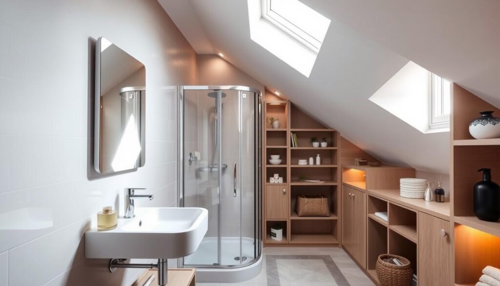 Modernes Badezimmer im Dachboden mit platzsparende Lösungen