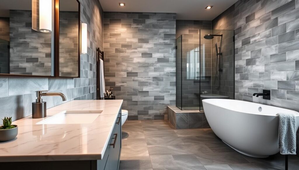 graue badezimmer fliesen