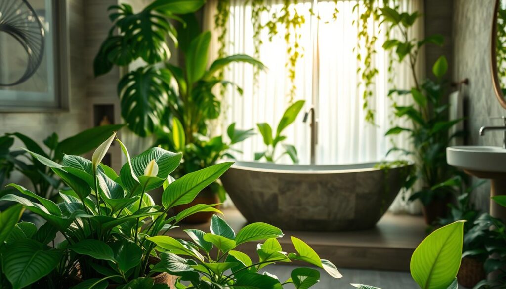 grüne akzente im tropischen Badezimmer