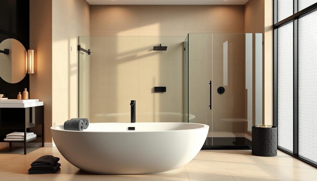 luxuriöses Design im Badezimmer mit Badewanne und Dusche