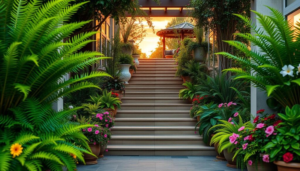 treppen im außenbereich mit pflanzen dekoriert