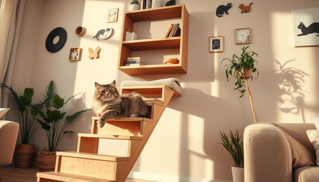 wandliege katze und katzentreppe wand